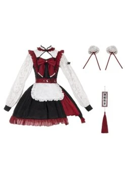 Chinese Style Stand Collar Hollow Black Red Asymmetric Hem Design Lace Puff Sleeves Bowknot Decoration Classic Lolita Long Sleeve Dress -NAUS Lolita Shop 2 500x672 631