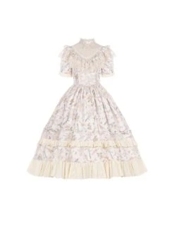 Summer Solstice Series Lace Translucent Design Daisy Cherry Floral Print Ruffle Hem Summer Classic Lolita Short Sleeve Dress -NAUS Lolita Shop 2 500x672 635