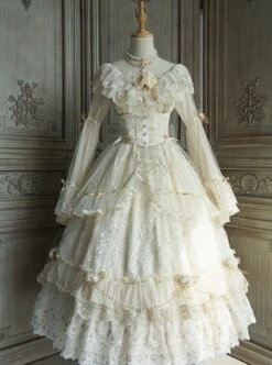 Morning Ode Series Gorgeous Flower Wedding Sequin Beads Pearl Crown Girdle Bowknot Yarn Tail Lace Classic Lolita Dress Set -NAUS Lolita Shop 2 500x672 637