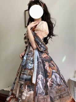 Constantine Series OP Elegant Vintage Oil Painting Print Bow Knots Decoration Classic Lolita Short Sleeve Dress Set -NAUS Lolita Shop 2 500x672 641