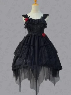 Moon God Dawn Series Irregular Mesh Hem Dark Jacquard Ruffle Slim Fit Rose Classic Lolita Sleeveless Dress -NAUS Lolita Shop 2 500x672 648