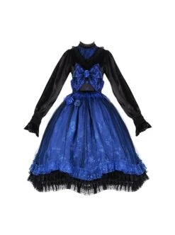 Lonely Laura Series Elegant Mysterious Jacquard Detachable Blue Rose Bowknot Lace Petal Hem Design Gothic Lolita Long Sleeve Dress -NAUS Lolita Shop 2 500x672 656