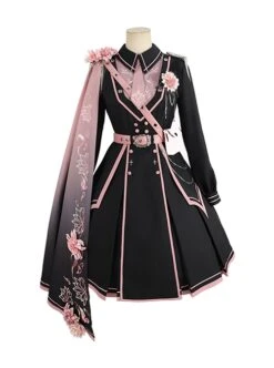 Sakura Theme Black Pink Gradient Sweet Cool Military Lolita Sweet Side Shoulder 3D Flowers Cloak Long Sleeves Dress Set -NAUS Lolita Shop 2 500x672 659