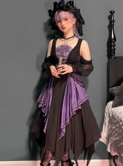 Halloween Black Purple Color Matching Special-Shaped Collar Irregular Oversized Hem Gothic Lolita Dress -NAUS Lolita Shop 2 500x672 662