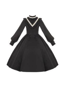 Olivia Series Black Small Stand Collar Ruffles White Round Splice V Shape Line Elegant Large Hem Gothic Lolita Lantern Long Sleeve Dress -NAUS Lolita Shop 2 500x672 669