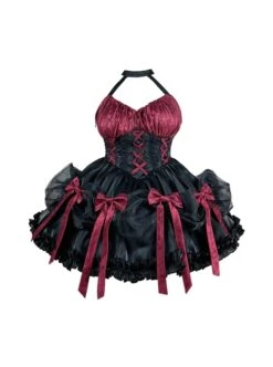 Succubus Rose Style Vintage Elegant Jacquard Lace-Up Bowknot Decoration Sexy Halter Neck Gothic Lolita Sleeveless Dress -NAUS Lolita Shop 2 500x672 681