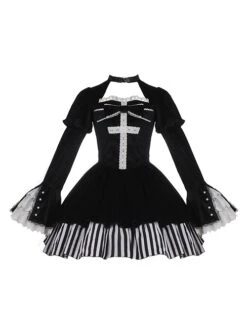 Requiem Series Classical Velvet Lace Cross Halloween Stripe Hem Gothic Lolita Long Sleeve Dress -NAUS Lolita Shop 2 500x672 683