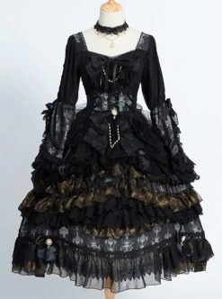 Day Night Light Series Gorgeous Noble Elegant Palace Style Dark Black Gothic Lolita Black Wedding Dress Veil Full Set -NAUS Lolita Shop 2 500x672 685