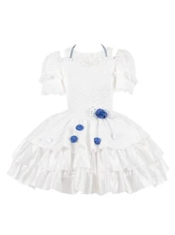 White Jacquard Lace Puff Sleeve Blue Rose Decoration Sexy Gothic Lolita Short Sleeve Dress
