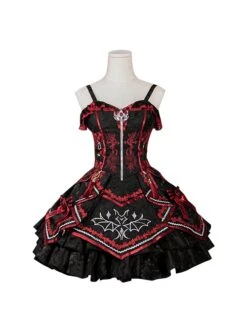 Black-Red Gorgeous Embroidered Jacquard Bat Detachable Tassel Bowknot Lacing Halloween Gothic Lolita Sleeveless Dress -NAUS Lolita Shop 2 500x672 695