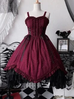 Retro Classical Elegant Wine Red Jacquard Fabric Binding Band Design Gothic Lolita Sleeveless Dress -NAUS Lolita Shop 2 500x672 707