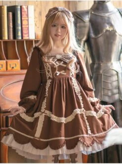 Bear Cookies Series OP Brown Pleated Plaid Bowknot Classic Lolita Long Sleeve Dress -NAUS Lolita Shop 2 500x672 71