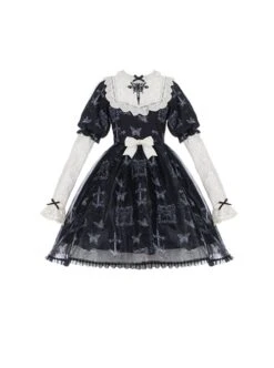 Lace Stitching Round Neck Butterfly Embroidery Cute Puff Sleeve Butterfly Print Daily Simple Gothic Lolita Short Sleeve Dress -NAUS Lolita Shop 2 500x672 712