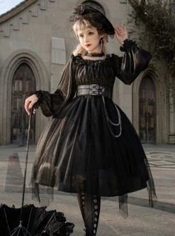 Girl Killer Series Dark Sweet Cool Irregular Halloween Crape Ruffle Bowknots Belt Chain Gothic Lolita Long Sleeves Dress -NAUS Lolita Shop 2 500x672 716
