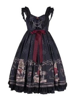 Nightingale And Rose Series Vintage Birdcage Print Bow Knot Ruffle Gothic Lolita Sleeveless Dress -NAUS Lolita Shop 2 500x672 725