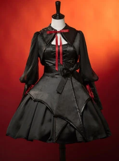 Dark Solid Gothic Halloween Style Irregular Cut At The Hem Bow Belt Decoration Lolita Witch Dress Set -NAUS Lolita Shop 2 500x672 726
