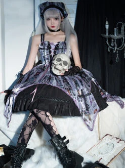 Sweet And Cool Purple Personalized Dark Pattern Print Irregular Hem Design Cross Strap Decoration Gothic Lolita Sleeveless Dress -NAUS Lolita Shop 2 500x672 727