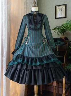 Gothic Style Elegant Retro Stand Collar Stripe Contrasting Color Slim Fit Gothic Lolita Long Sleeve Dress -NAUS Lolita Shop 2 500x672 736