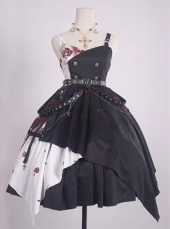 Thorn Rose Series Black White Contrasting Color Rose Thorn Print Irregular Hem Metal Chain Belt Decoration Gothic Lolita Sleeveless Dress -NAUS Lolita Shop 2 500x672 747