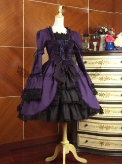 Retro Lace And Bind Strap Gothic Lolita Long Sleeve Dress -NAUS Lolita Shop 2 500x672 762