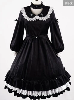 Vintage Velvet Pearl Jacquard Lace Gorgeous Back Slit Bowknot Gothic Lolita Long Sleeve Dress -NAUS Lolita Shop 2 500x672 778