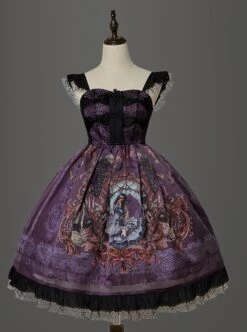 Gothic Vintage Print Grape Bow Decorative Ruffle Hem Gothic Lolita Sleeveless Dress -NAUS Lolita Shop 2 500x672 781