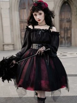 Solid Color Two-Wear Off-The-Shoulder Lantern Sleeve Metal Chain Waistband Irregular Hem Gothic Lolita Long-Sleeved Dress -NAUS Lolita Shop 2 500x672 788
