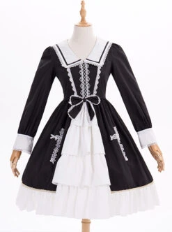 Black And White Bowknot Lace Crucifix Gothic Lolita Lapel Long Sleeve Dress -NAUS Lolita Shop 2 500x672 795