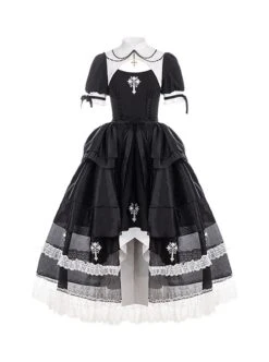 Undead Prayer Series Nun Style Black-White Cross Embroidered Fishtail Skirt Lace Cover Skirt Gothic Lolita Short-Sleeved Dress -NAUS Lolita Shop 2 500x672 799