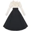 Roman Holiday Series Elegant High Waisted A Line Halter Neck Bare Shoulders Solid Black White Classic Lolita Puff Sleeves Dress