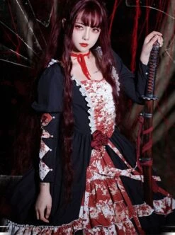 Elegant Small Square Collar Detachable Rose Ornament Pearl Bubble Long Sleeve Front Short Back Long Gothic Lolita Dress -NAUS Lolita Shop 2 500x672 816