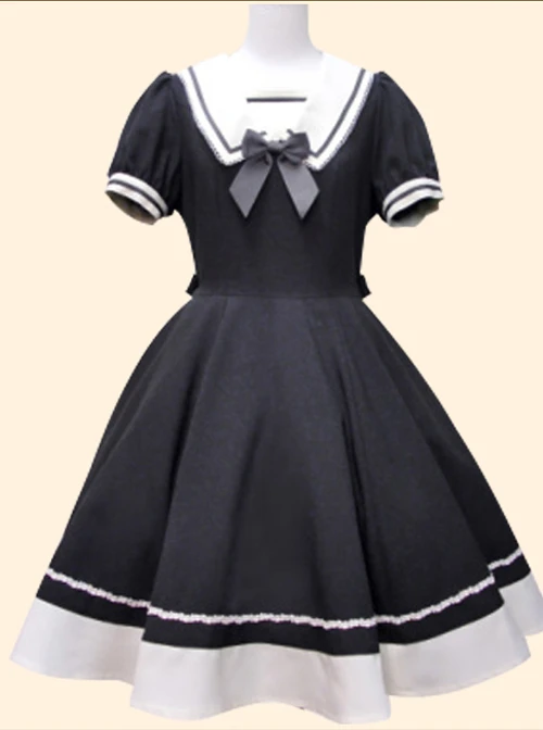 Navy Collar Bowknot School Lolita Short Sleeve Dress 1 Navy Collar Bowknot School Lolita Short Sleeve Dress