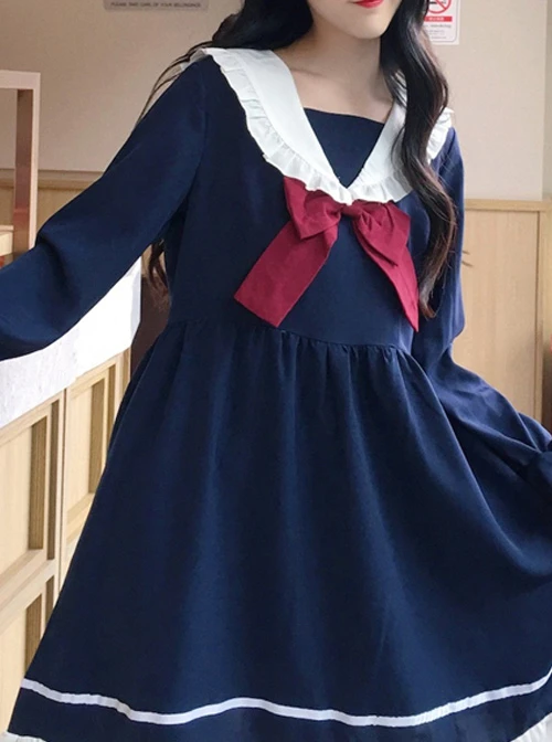 Blue Long Sleeves Bow Chiffon School Lolita Dress 3 Blue Long Sleeves Bow Chiffon School Lolita Dress - Image 3