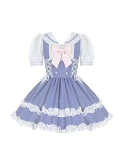 Summer Sea Salt Series College Navy Collar Ruffle Puff Sleeve Blue White Bunny Ears Ribbon Bowknot School Lolita Dress -NAUS Lolita Shop 2 500x672 834