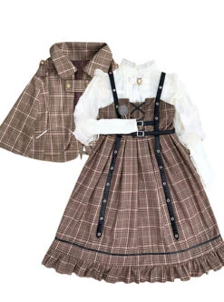Little Detective Series JSK School Lolita Brown Plaid Sling Dress And Cloak -NAUS Lolita Shop 2 500x672 839
