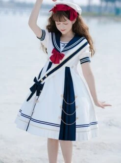 Navy Style Stripe Navy Collar Bow-Knot Detachable School Lolita Short Sleeve Dress -NAUS Lolita Shop 2 500x672 841