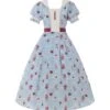 Rose Garden Series Blue Tea Party Rose Print Square Collar Spliced Contrast Color Lace Classic Lolita Puff Sleeves Dress