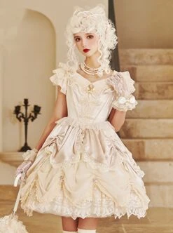 Elizabeth Little Star Flower Series Pure Color Satin Handmade Cross Star Pearl Palace Elegant Classic Lolita Short-Sleeved Dress -NAUS Lolita Shop 3 500x672 103