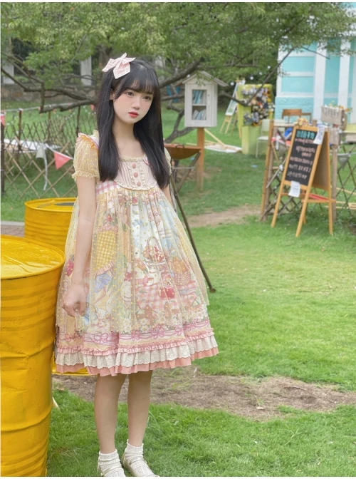 Afternoon Sweet Tea Series JSK Wave Dot Tulle Hem Cute Printing Sweet Lolita Yellow Sling Dress Short Sleeve Shirt Set 2 Afternoon Sweet Tea Series JSK Wave Dot Tulle Hem Cute Printing Sweet Lolita Yellow Sling Dress Short Sleeve Shirt Set - Image 2