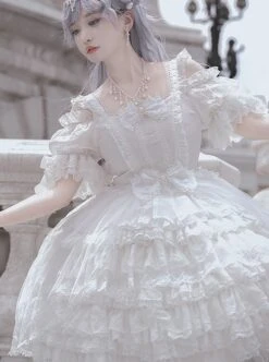 Pure White Elegant Multi-Layer Gorgeous Hem Classic Lolita Bowknot Decoration Short-Sleeved Dress -NAUS Lolita Shop 3 500x672 108