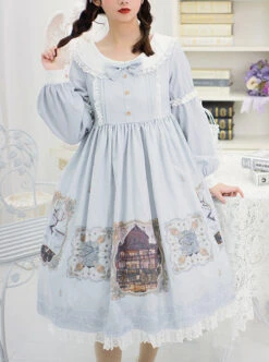 The Gallery Series OP Printing Classic Lolita Light Blue Long Sleeve Dress -NAUS Lolita Shop 3 500x672 110