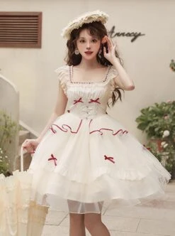 Symphonic Poetry Series Small Flying Sleeves Square Neck Waist Neck Ribbon Bowknot Decorated Mesh Ruffles Sweet Lolita Dress -NAUS Lolita Shop 3 500x672 1105