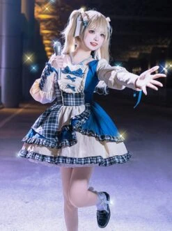 Sweet-Cool Girl Square Collar Bowknot Lace Decoration Denim Plaid Contrast Color Splicing Irregular Sweet Lolita Long-Sleeved Dress -NAUS Lolita Shop 3 500x672 1117