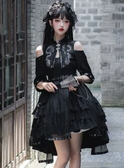 Chinese Style Black Stand-Up Collar Off-The-Shoulder Mid-Sleeve Embroidered Short Coat Metal Decorate Hem Punk Lolita Sleeveless Dress Suit -NAUS Lolita Shop 3 500x672 1166