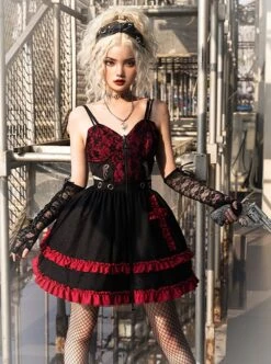 Judgment Day Series JSK Dark Punk Lolita Black Red Lace Jacquard Embroidery Waist Cutout Crucifix Fold Metal Buckle Decoration Zipper Sling Dress -NAUS Lolita Shop 3 500x672 1174