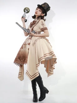 Libra Series OP British Style Solid Color Libra Graphic Printing Irregular Hem Design Classic Lolita Short Sleeve Dress Set -NAUS Lolita Shop 3 500x672 1176