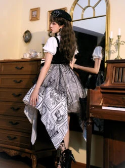 Black White Alice Series OP Retro Splicing Irregular Hem Punk Lolita Short Sleeve Dress -NAUS Lolita Shop 3 500x672 1183