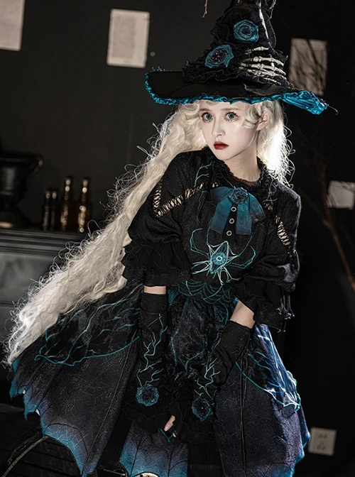 Rose Witch Series Black Halloween Irregular Cute Punk Teal Magic Spider Dark Bat Wing Bowknot Elements Print Lolita Dress Hat Set 4 Rose Witch Series Black Halloween Irregular Cute Punk Teal Magic Spider Dark Bat Wing Bowknot Elements Print Lolita Dress Hat Set - Image 4