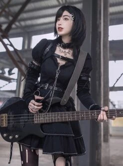 Black Satin Jacquard Metal Chain Decorate Belt Shawl Sleeves Multi-Wear Punk Lolita Sleeveless Dress Set -NAUS Lolita Shop 3 500x672 1192