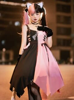 Guns N' Roses Series Black Pink Contrast Color Stitching Guns N' Roses Embroidery Irregular Hem Punk Lolita Sleeveless Dress -NAUS Lolita Shop 3 500x672 1194